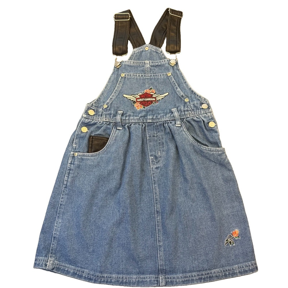 VTG Girls Harley-Davidson Denim Jean Bib Dress Leather Straps Flowers Sz 7/8